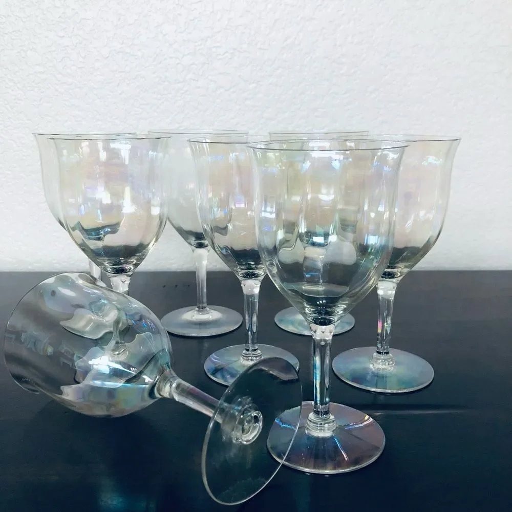 Vintage Fostoria Mother of Pearl Iridescent Wine Glasses Goblets 10-pc Set